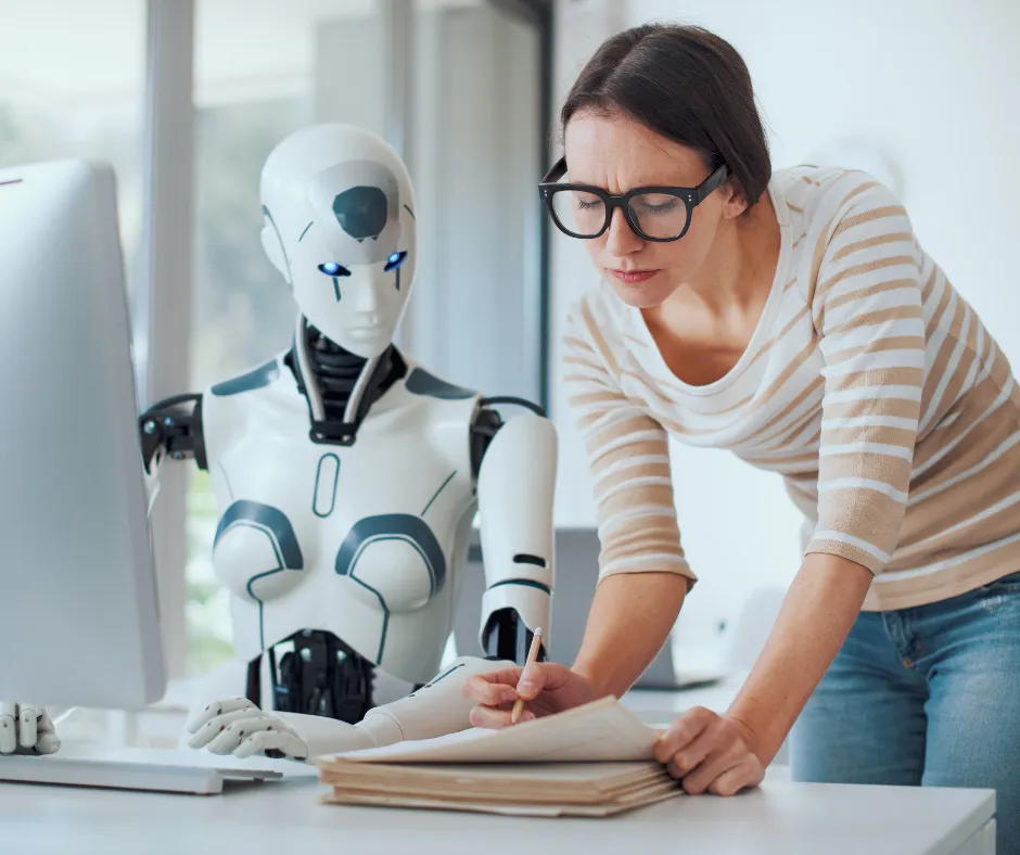 Robot pracuje z kobietą jako asystent